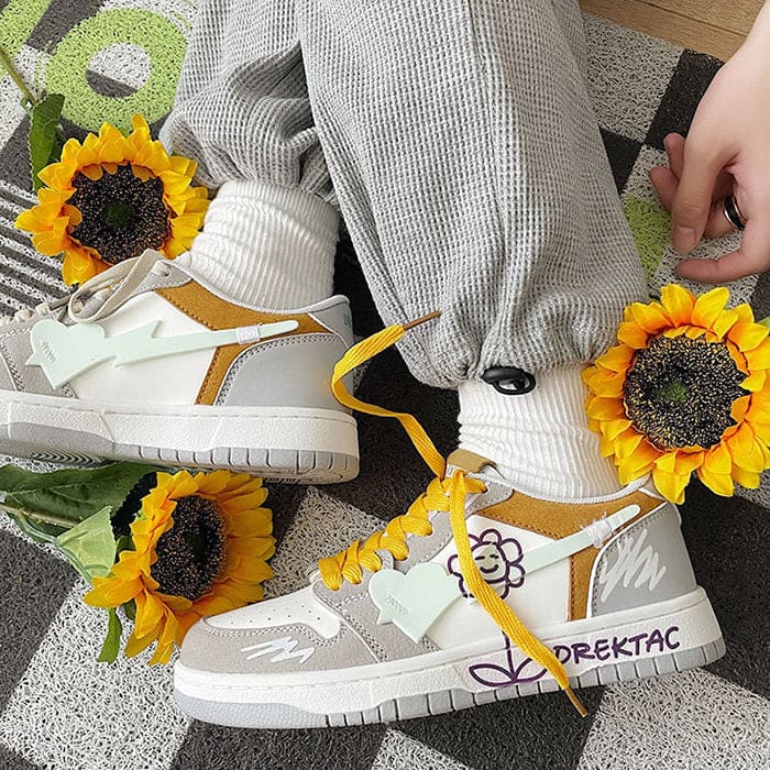 Yellow and Grey Flower Sneakers - Sneakers