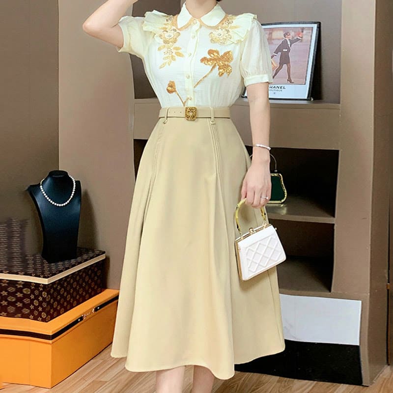 Yellow Floral Embroidery Shirt Skirt Set