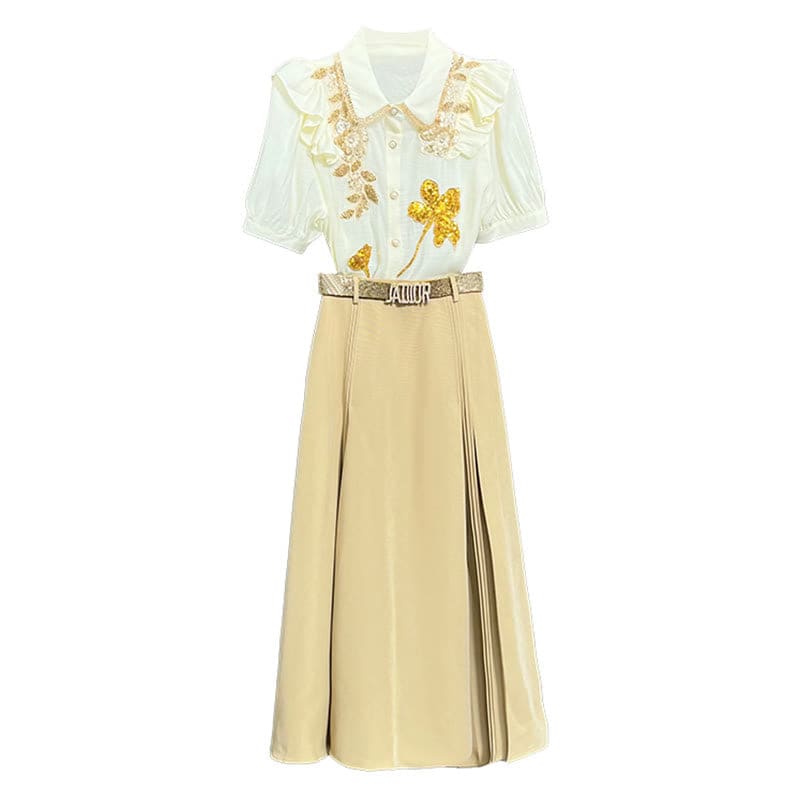 Yellow Floral Embroidery Shirt Skirt Set - Set / M