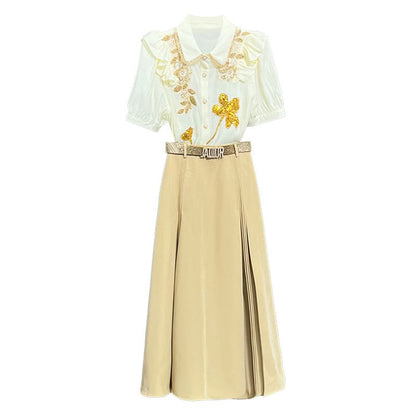 Yellow Floral Embroidery Shirt Skirt Set - Set / M