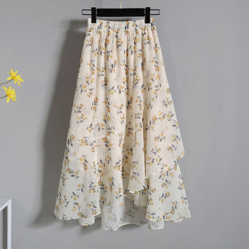 Yellow Flower Embroidery T-Shirt Floral Print Skirt - Skirt