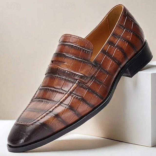 Dress Crocodile Men's Pattern Classic Brown Leather Shoes -