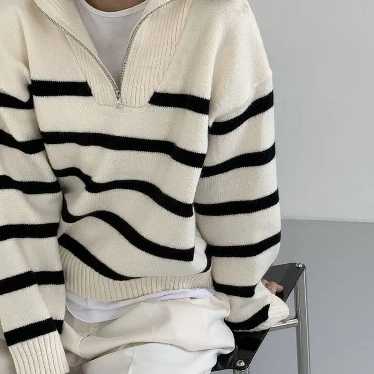 Zip Up Striped Sweater - Sweater