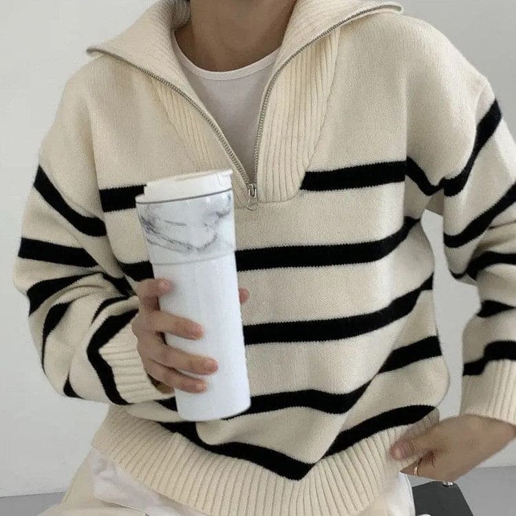 Zip Up Striped Sweater - Sweater