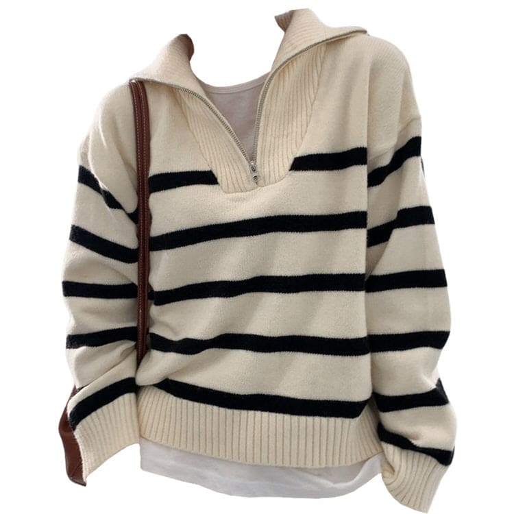 Zip Up Striped Sweater - S / Beige - Sweater