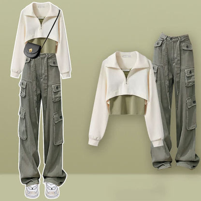 Zipper Lapel T-Shirt Vest Pockets Cargo Pants Set - Set