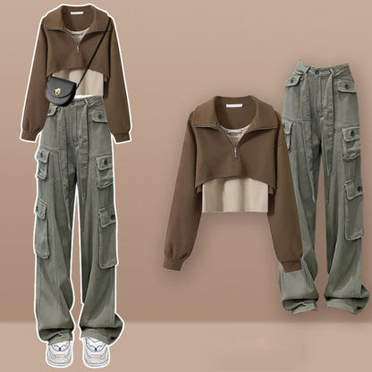 Zipper Lapel T-Shirt Vest Pockets Cargo Pants Set - Set C