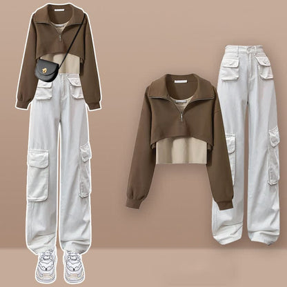 Zipper Lapel T-Shirt Vest Pockets Cargo Pants Set - Set D