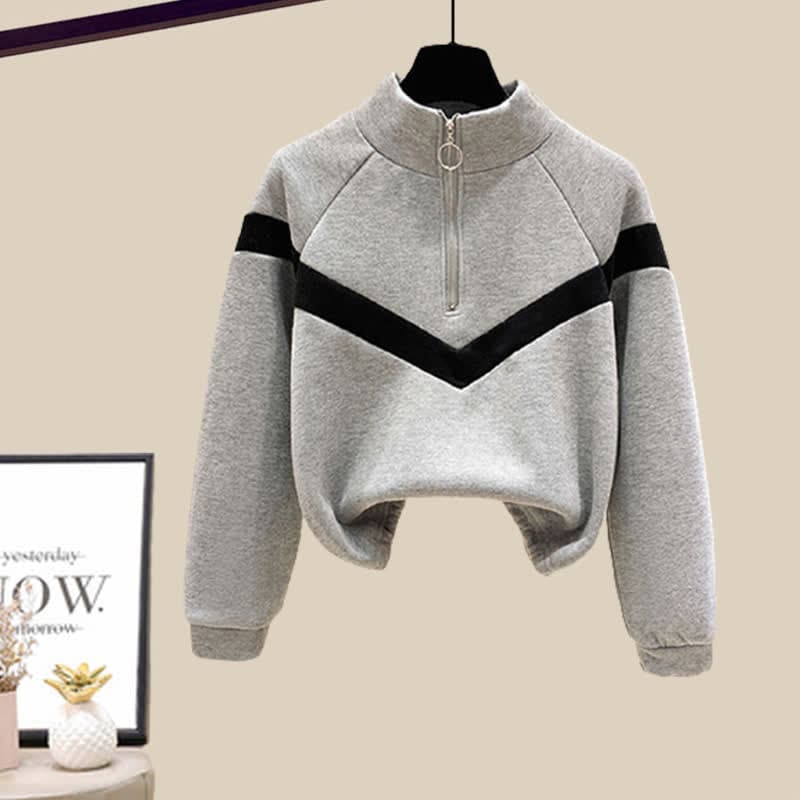 Zipper Sweatshirt Draw String Pocketed Casual Pants - Grey