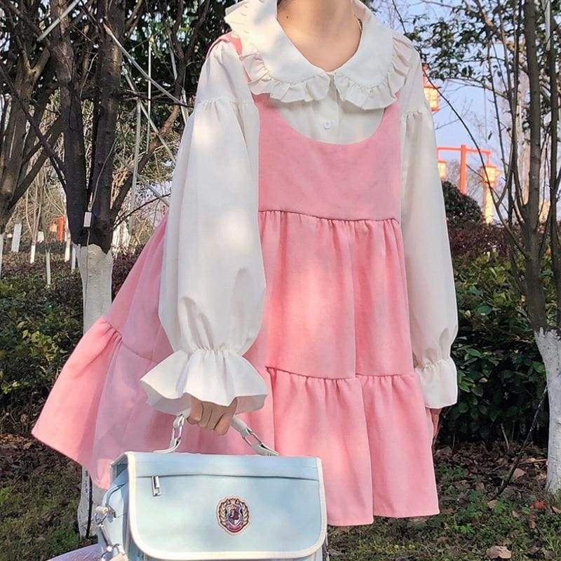 2-Piece Pink Kawaii Girl Sweet Aesthetic Lolita Dolly Dress 