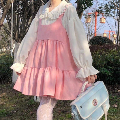 2-Piece Pink Kawaii Girl Sweet Aesthetic Lolita Dolly Dress 