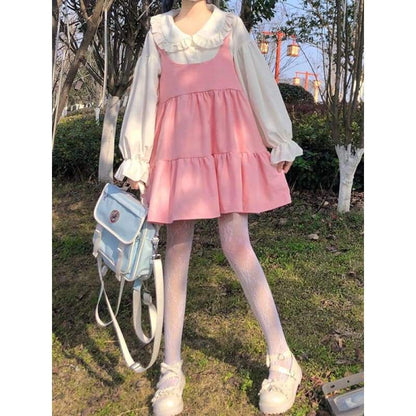 2-Piece Pink Kawaii Girl Sweet Aesthetic Lolita Dolly Dress 