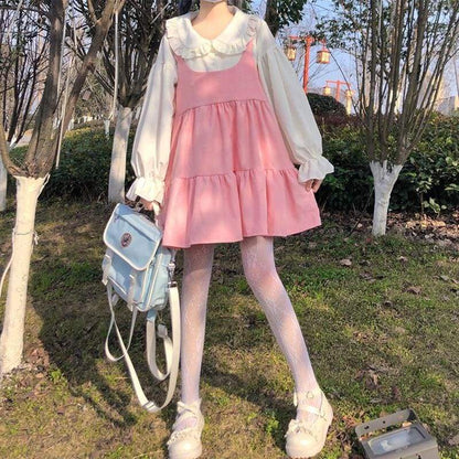 2-Piece Pink Kawaii Girl Sweet Aesthetic Lolita Dolly Dress 