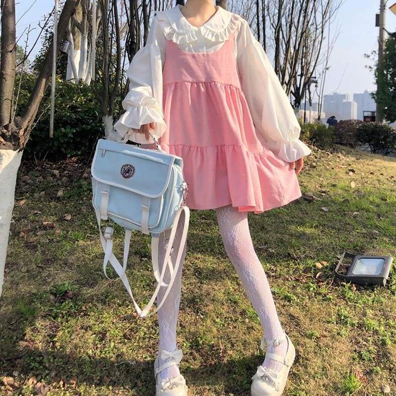 2-Piece Pink Kawaii Girl Sweet Aesthetic Lolita Dolly Dress 