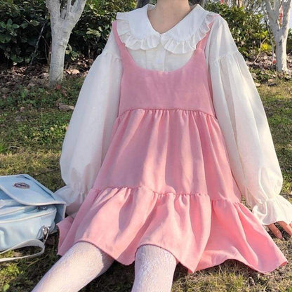 2-Piece Pink Kawaii Girl Sweet Aesthetic Lolita Dolly Dress 