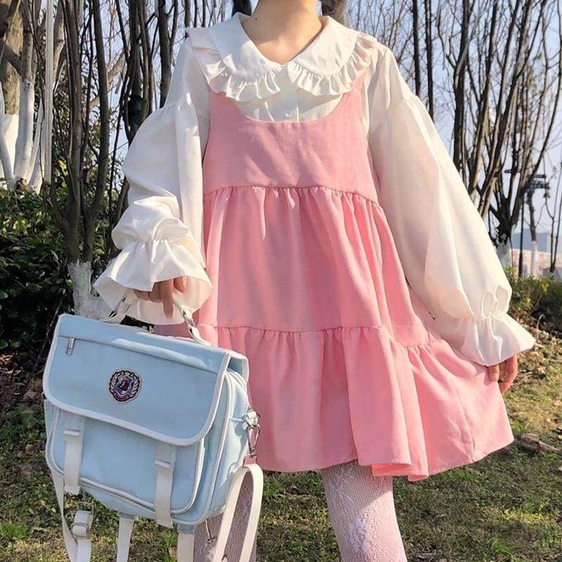2-Piece Pink Kawaii Girl Sweet Aesthetic Lolita Dolly Dress 