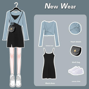 Korean Fashion Chic Clothing Blue Top and Black Suspender skirt 2 pcs Set MK16382