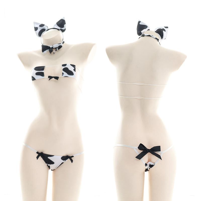 Kawaii Black Bowknot Ringbell Cute Cow Lingerie Set MK16848