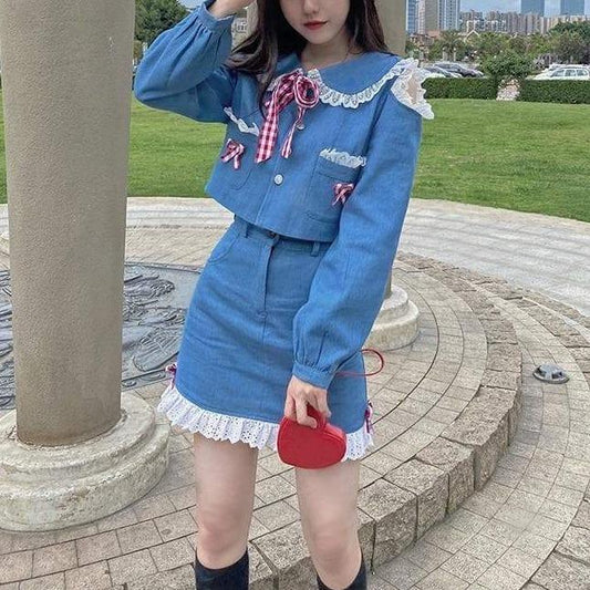 Kawaii Harajuku Summer Chic Girl Sweet Denim Blouse and High Waist Skirt Set MM1875