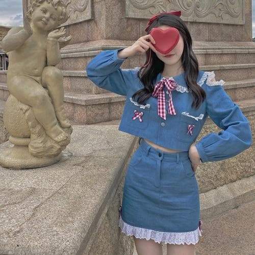 Kawaii Harajuku Summer Chic Girl Sweet Denim Blouse and High Waist Skirt Set MM1875