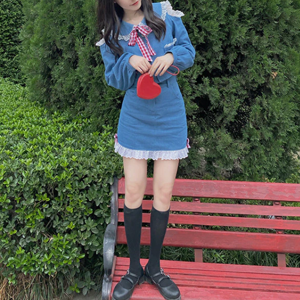 Kawaii Harajuku Summer Chic Girl Sweet Denim Blouse and High Waist Skirt Set MM1875