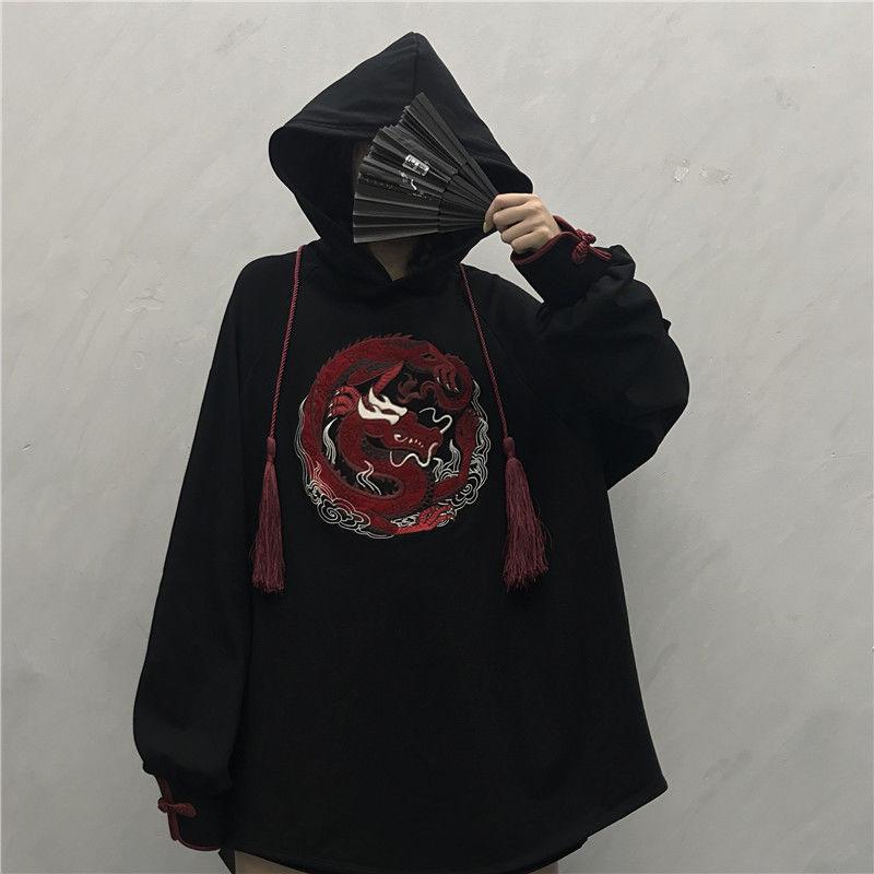 Chinese Style Dragon Embroidery Loose Winter Hoodie MK16533