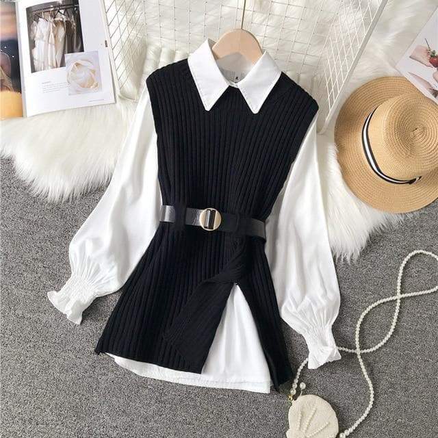 Dark Academia Long Lantern Sleeve Shirt With Knitted Sweater Top Vest MK16304