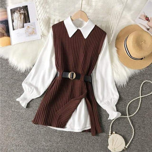 Dark Academia Long Lantern Sleeve Shirt With Knitted Sweater Top Vest MK16304