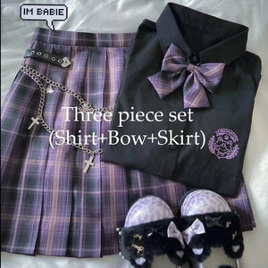 Black Blouse Purple Bow Plaid Skirt JK School Uniforms Three Piece Set MK16133