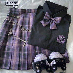 Black Blouse Purple Bow Plaid Skirt JK School Uniforms Three Piece Set MK16133