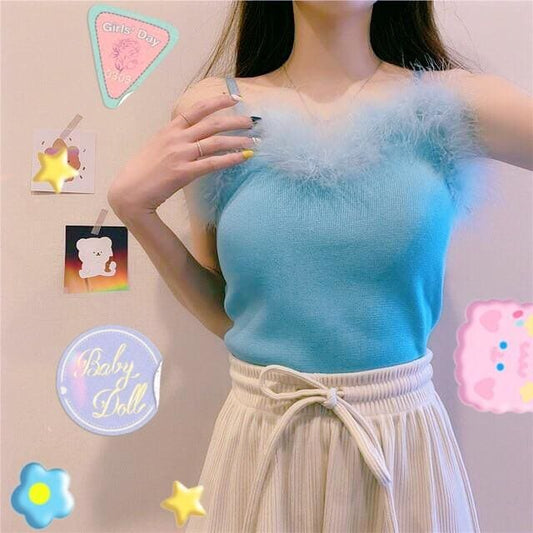 90s-Princess Feather Pastel Kawaii Aesthetic Knit Top - 