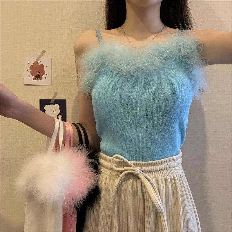 90s-Princess Feather Pastel Kawaii Aesthetic Knit Top - 