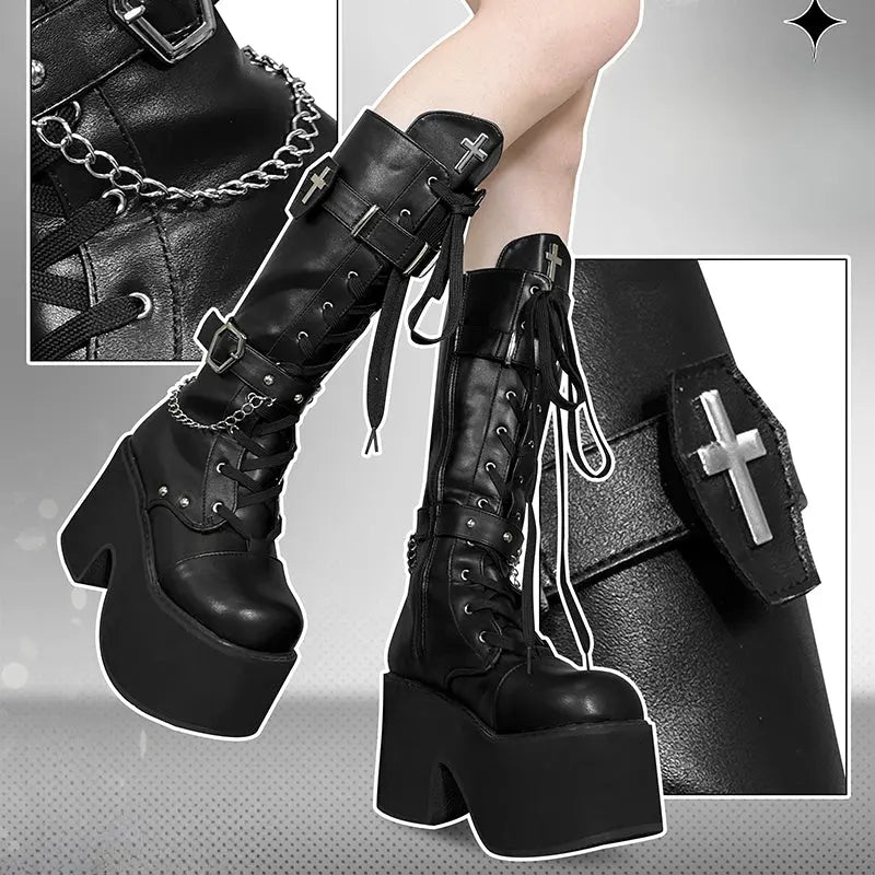 Kawaii Aesthetic Y2K Cute Fairy Black White Cross Boots ON1418 MK Kawaii Store