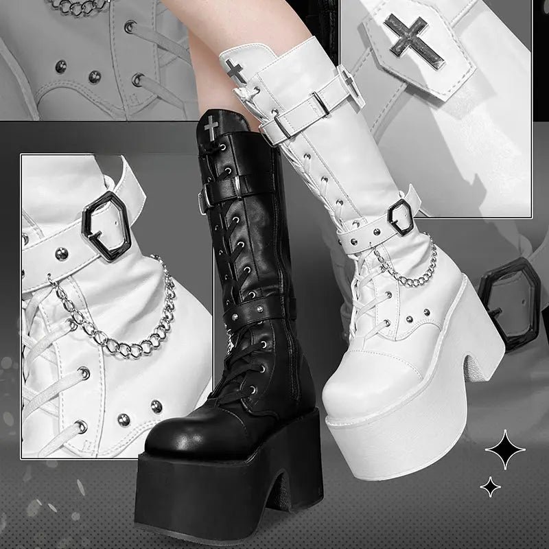 Kawaii Aesthetic Y2K Cute Fairy Black White Cross Boots ON1418 MK Kawaii Store