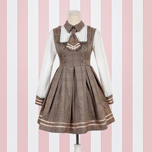 Brown/Grey Vintage Bear Grid Lolita Dress/Poncho SP1710738 - Harajuku Kawaii Fashion Anime Clothes Fashion Store - SpreePicky