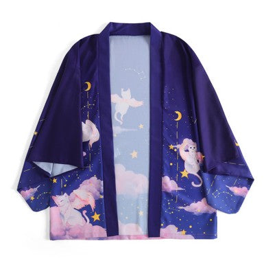 Japanese Night Dreaming Cute Cat Sunscreen Kimono Coat BM174