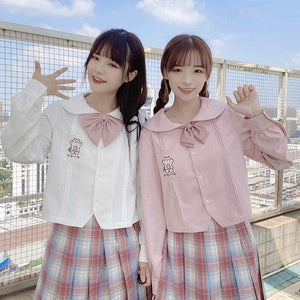 Pink/White Kawaii Embroidery Cute Cat Long Sleeve Sailor Shirt MM1880