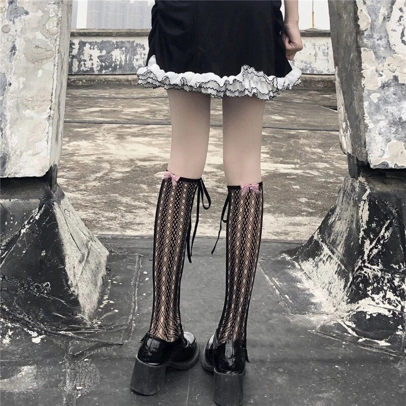 Japanese Mesh Hollow Knee High Socks Gothic Stockings MK17068