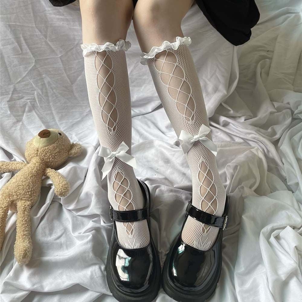 Black/White Japanese Gothic Egirl Harajuku Hollow Out Lolita Bow Socks MK16710