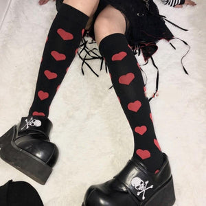 Harajuku Punk Black Red Polka Dot / Love Heart Gothic Lolita Knee Socks MM2182