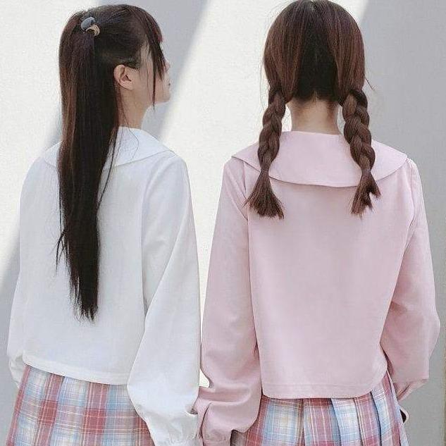 Pink/White Kawaii Embroidery Cute Cat Long Sleeve Sailor Shirt MM1880