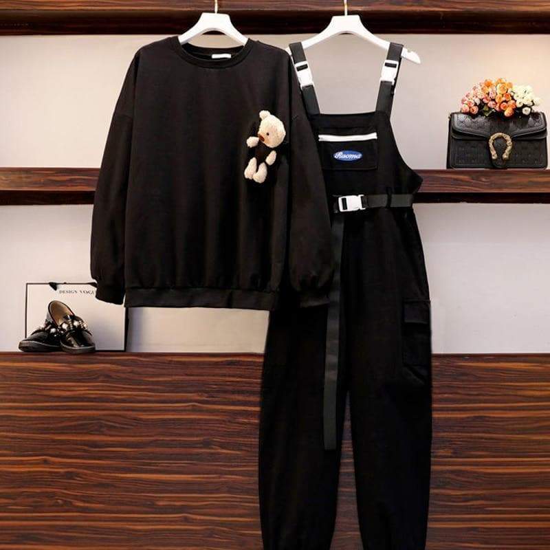 Black/Purple Cute Bear Pullover and Jumsuit Black Overalls Casual Set MK16232