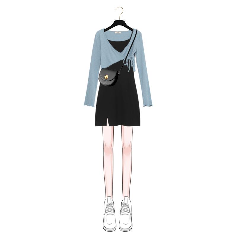 Korean Fashion Chic Clothing Blue Top and Black Suspender skirt 2 pcs Set MK16382