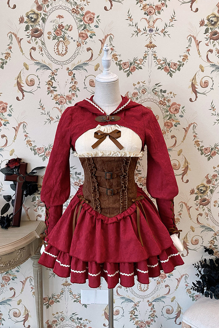 [Reservation] Lolita Red Hunter Amber JKS Dress Full Set SP17413 - Harajuku Kawaii Fashion Anime Clothes Fashion Store - SpreePicky