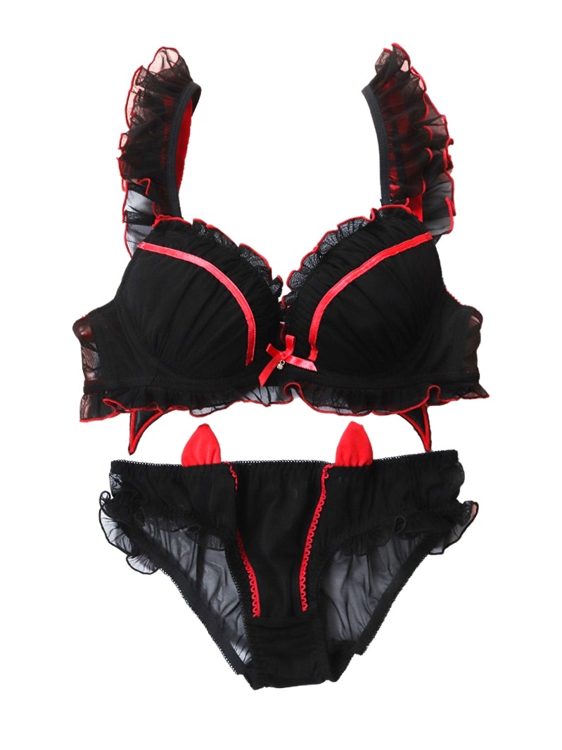 Black Gothic Bat Cute Devil Ruffle Lace Underwear Set MK17175