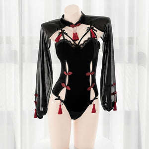 Black Red Cute Hollow Sides Bodysuit Two Pieces Set MK17277