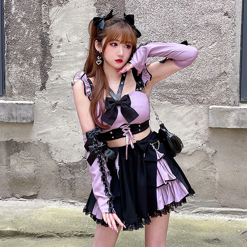 Harajuku Hot Girl Grape Milkshake Crop Top/Cake Pleated Mini Skirt MK17727