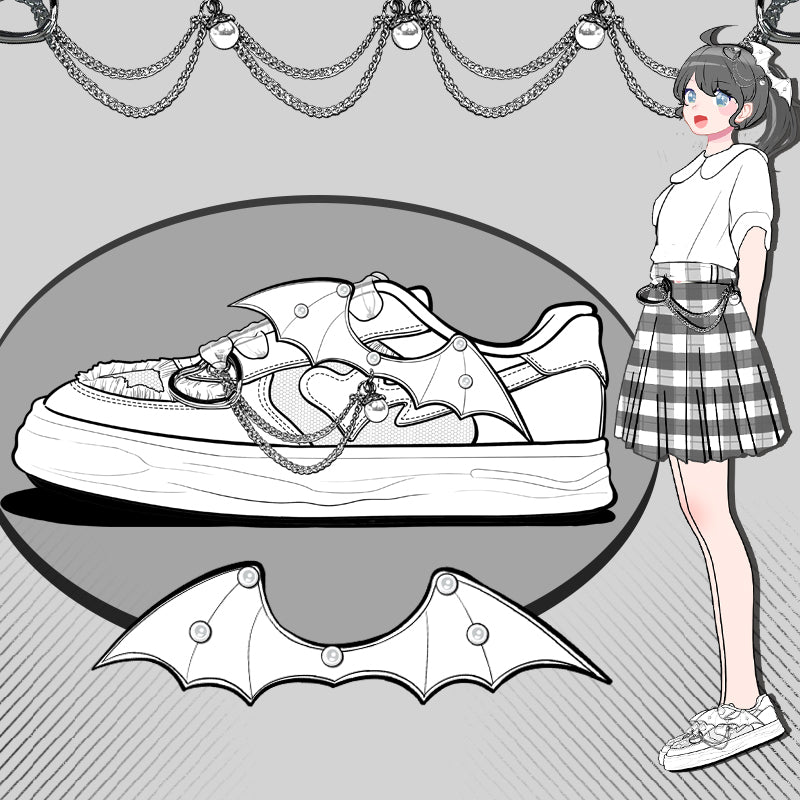 Harajuku Bat Wings Heart Chain White Shoes ON09