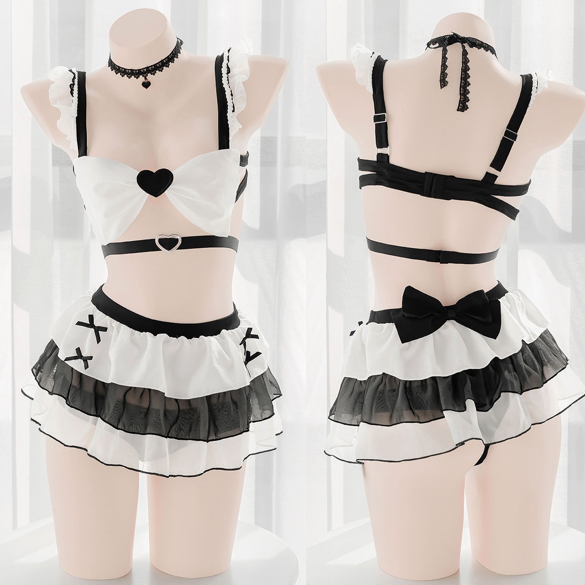 White Black Cute Bow Heart Top Ruffles Skirt Set MK16981