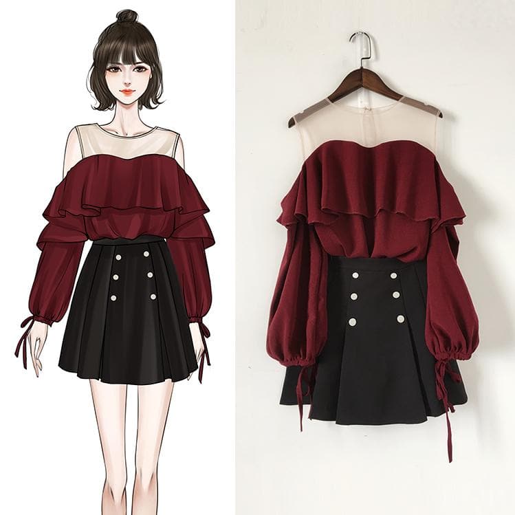 Wine Black Falbala Off-Shoulder Shirt/Skirt Set SP14036 - Harajuku Kawaii Fashion Anime Clothes Fashion Store - SpreePicky